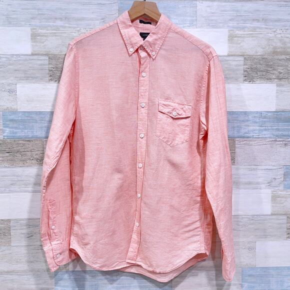 J Crew Baird McNutt Irish Linen Long Sleeve Button Down Shirt Coral Mens Medium - Picture 1 of 6